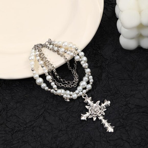 Pearl Cross Jewelry Set Women's Gothic Y2K Chunky Multi-Layered Pearl Necklace E - Picture 4 of 7